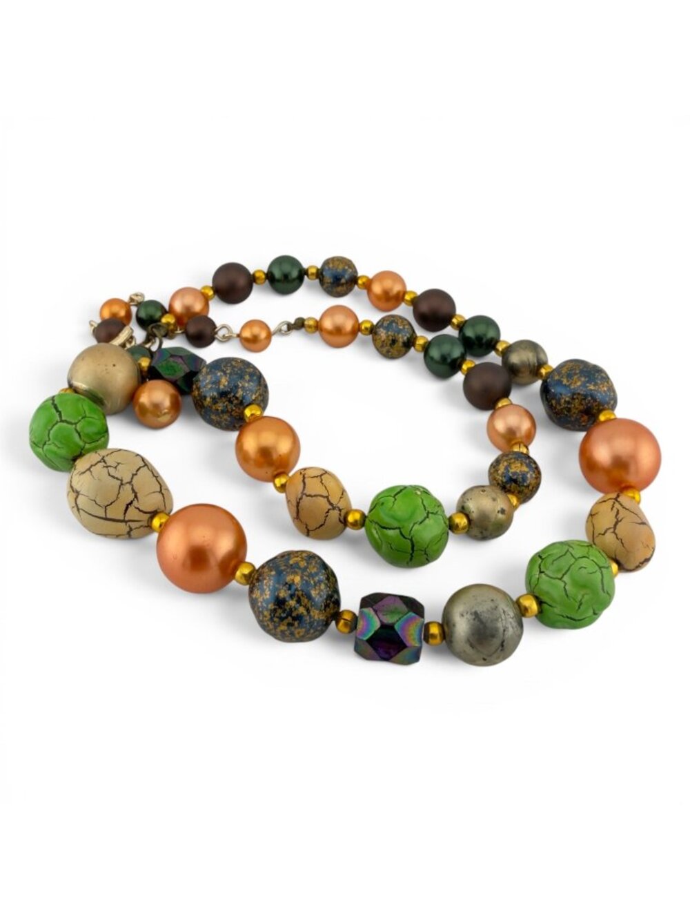 Vintage Japan Beaded Statement Necklace Crackle Beads Gold Tone Multicolor